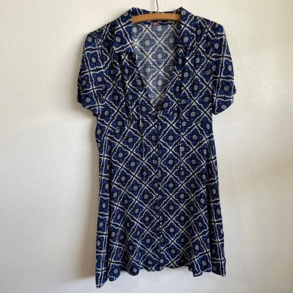 FREE PEOPLE Button down mini blue melody geometric pattern dress - Picture 5 of 12